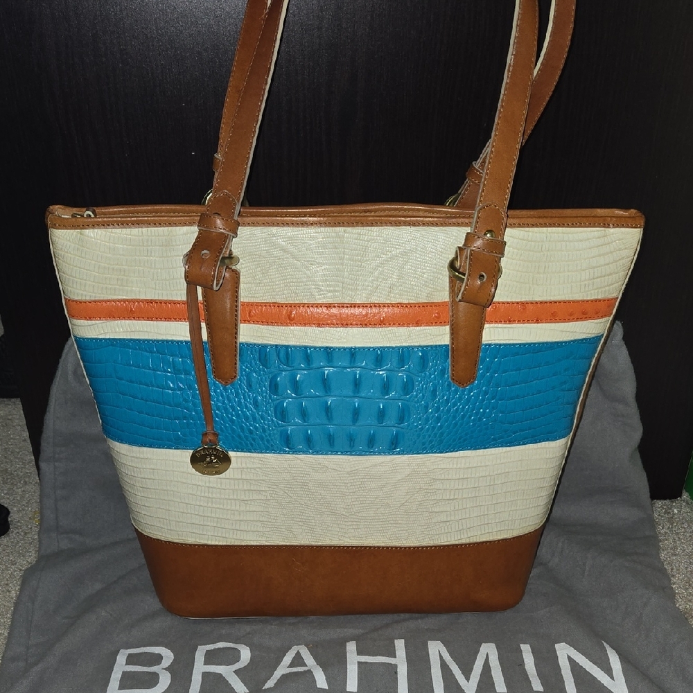 Brahmin Blue, Cream & Tan Striped Leather Tote